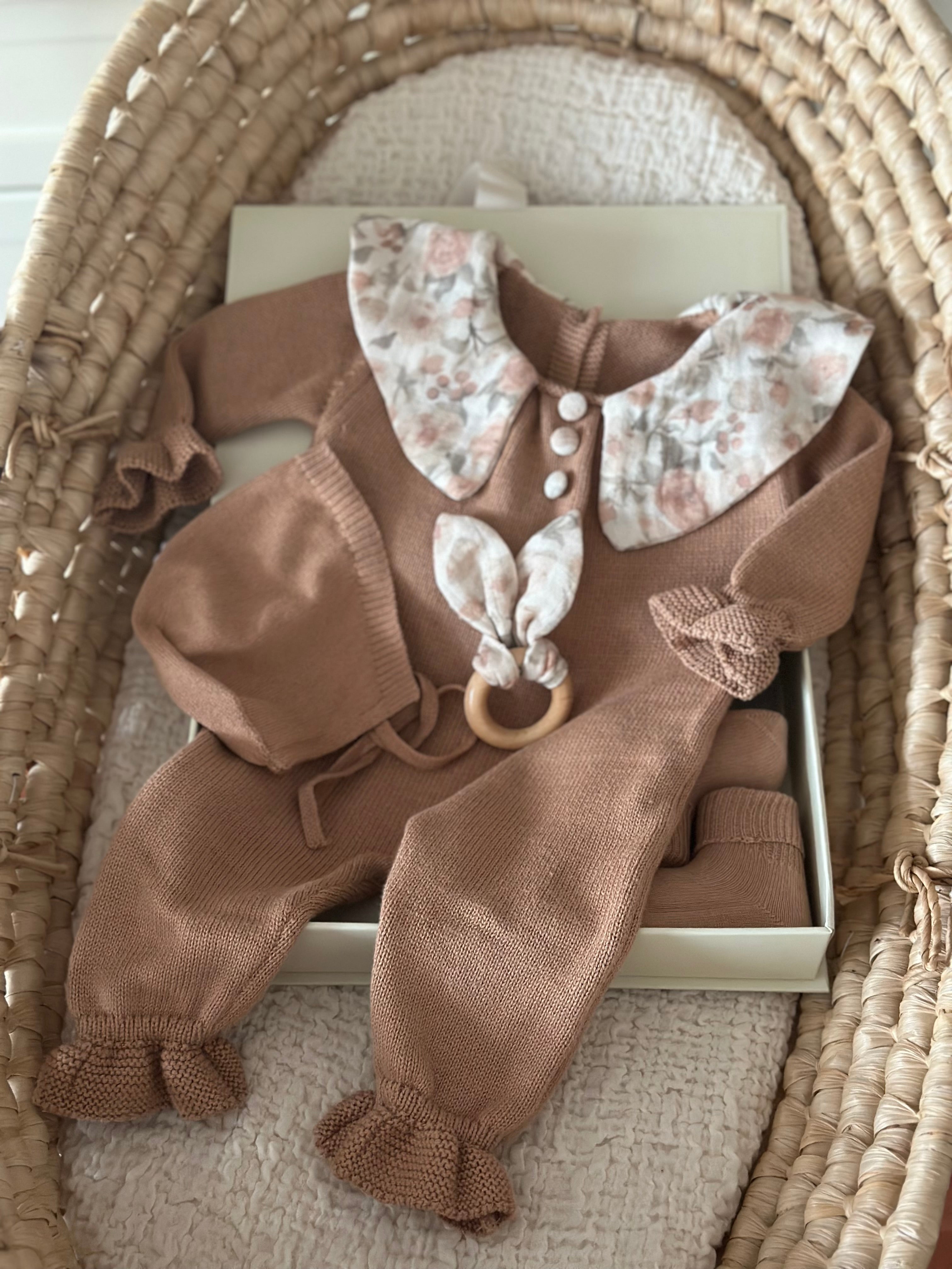 Hardal Müslin Yakalı Triko Kız Bebek Tulum Seti 3 Parça