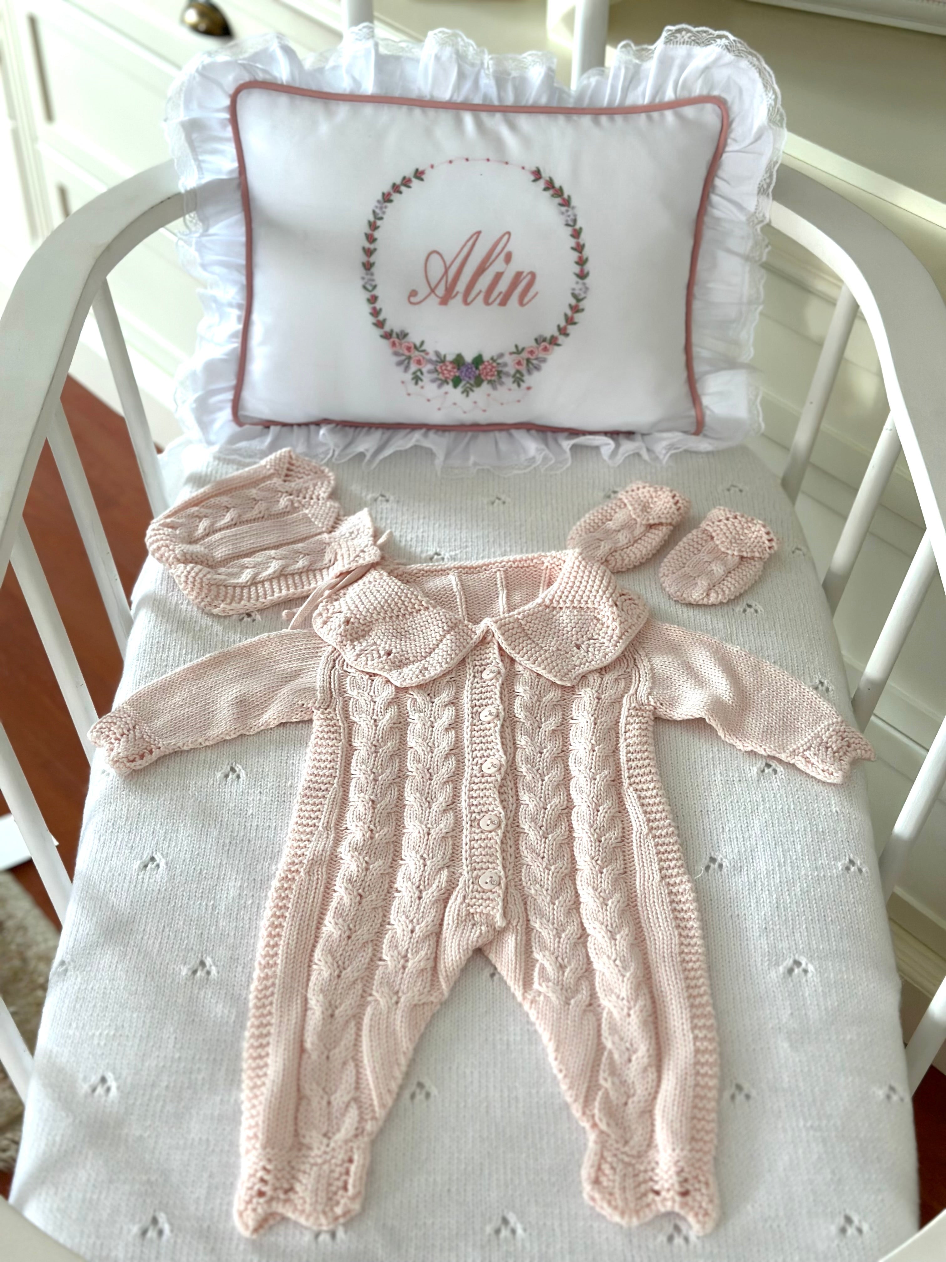 Dusty Pink Knitted Baby Girl Romper Set 3 Pieces