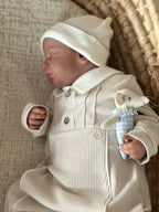 %100 Pamuk Klasik Pointed Yakalı Bebek Tulum – Mavi & Bej | 0-9 Ay | Alttan Çıtçıtlı