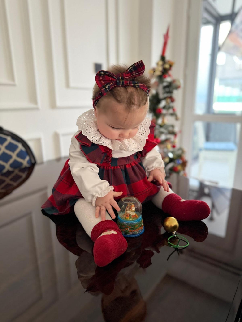 Mila– Red Plaid Baby Girl Dress | Elegant New Year's Dress with Scallop Collar Detail 6-24 Months