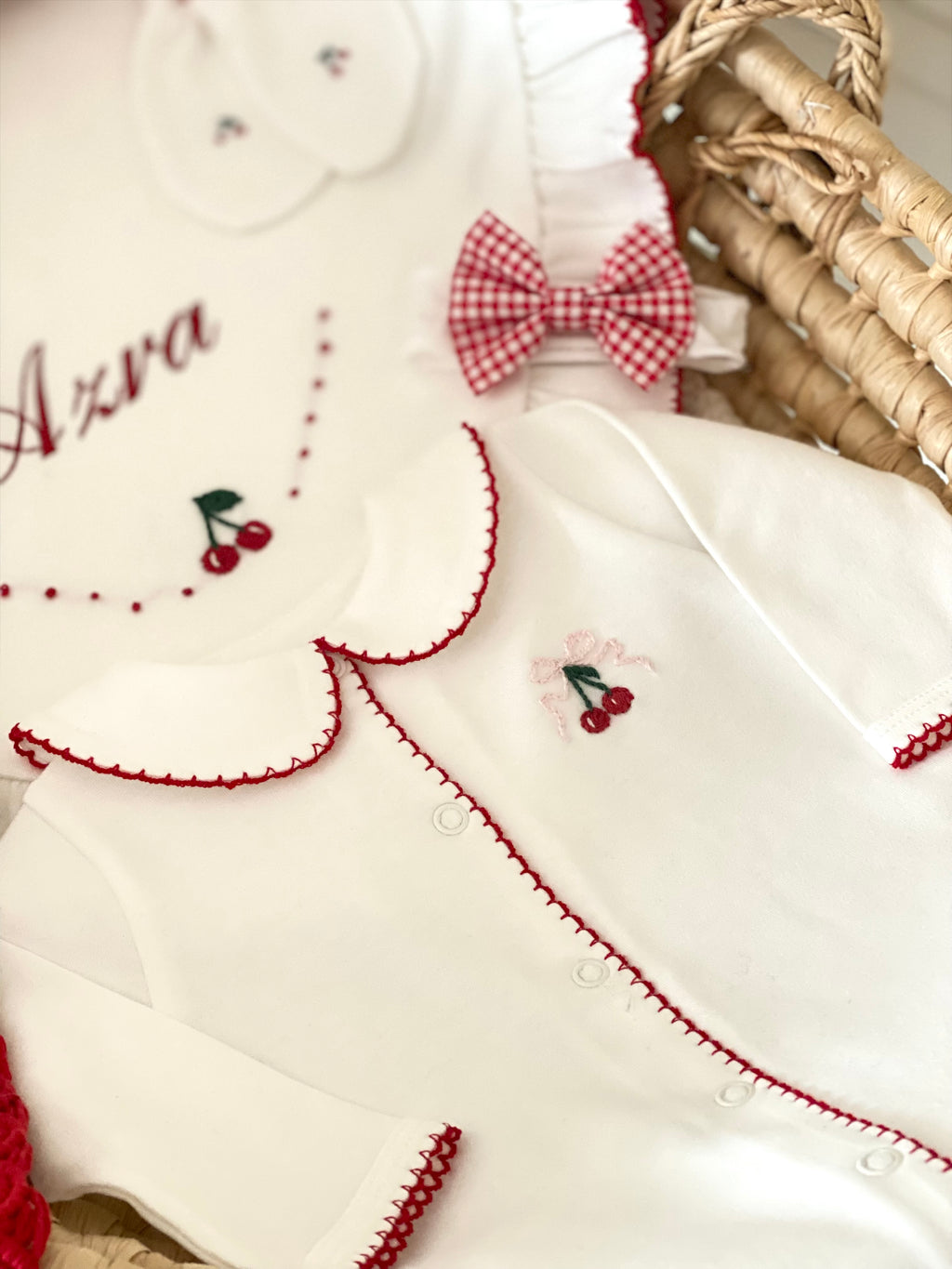 Cherry Organic Newborn Set – Red Crochet Edge Detail