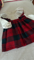 Mila– Red Plaid Baby Girl Dress | Elegant New Year's Dress with Scallop Collar Detail 6-24 Months