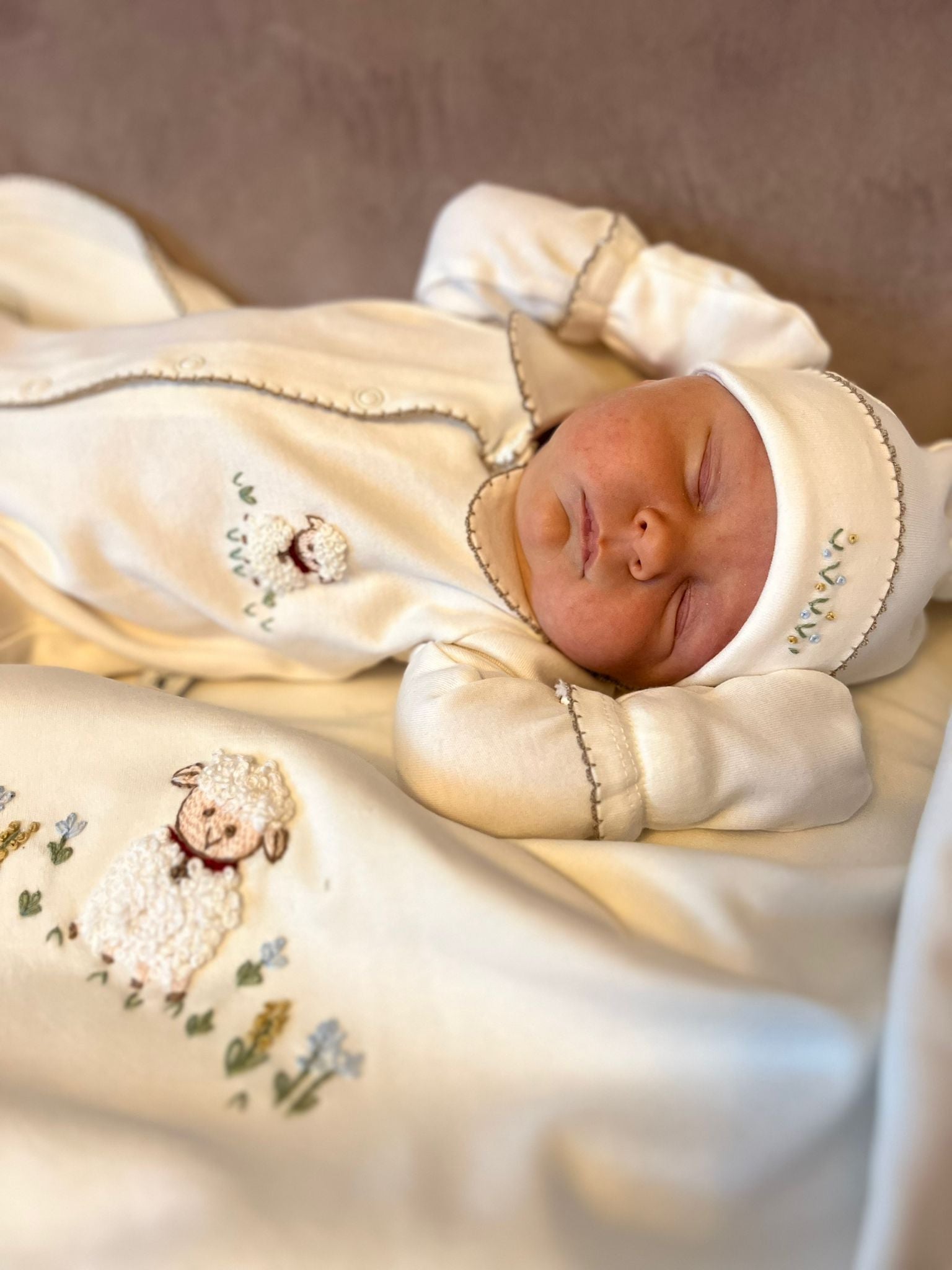 Lamb Embroidered Organic Newborn Set – Crochet Edge Detail
