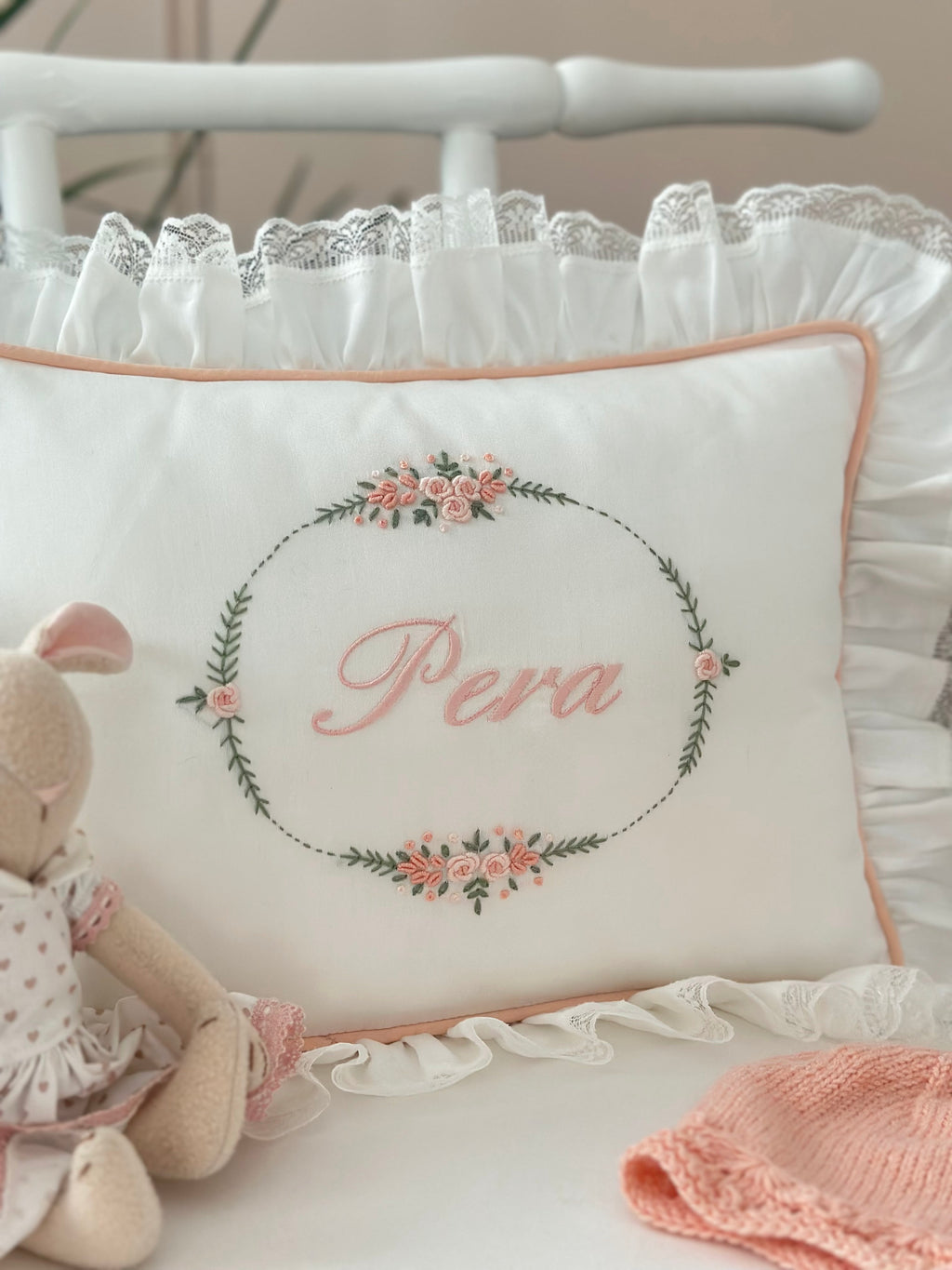 Oval Floral Decorative Baby Pillow - Salmon