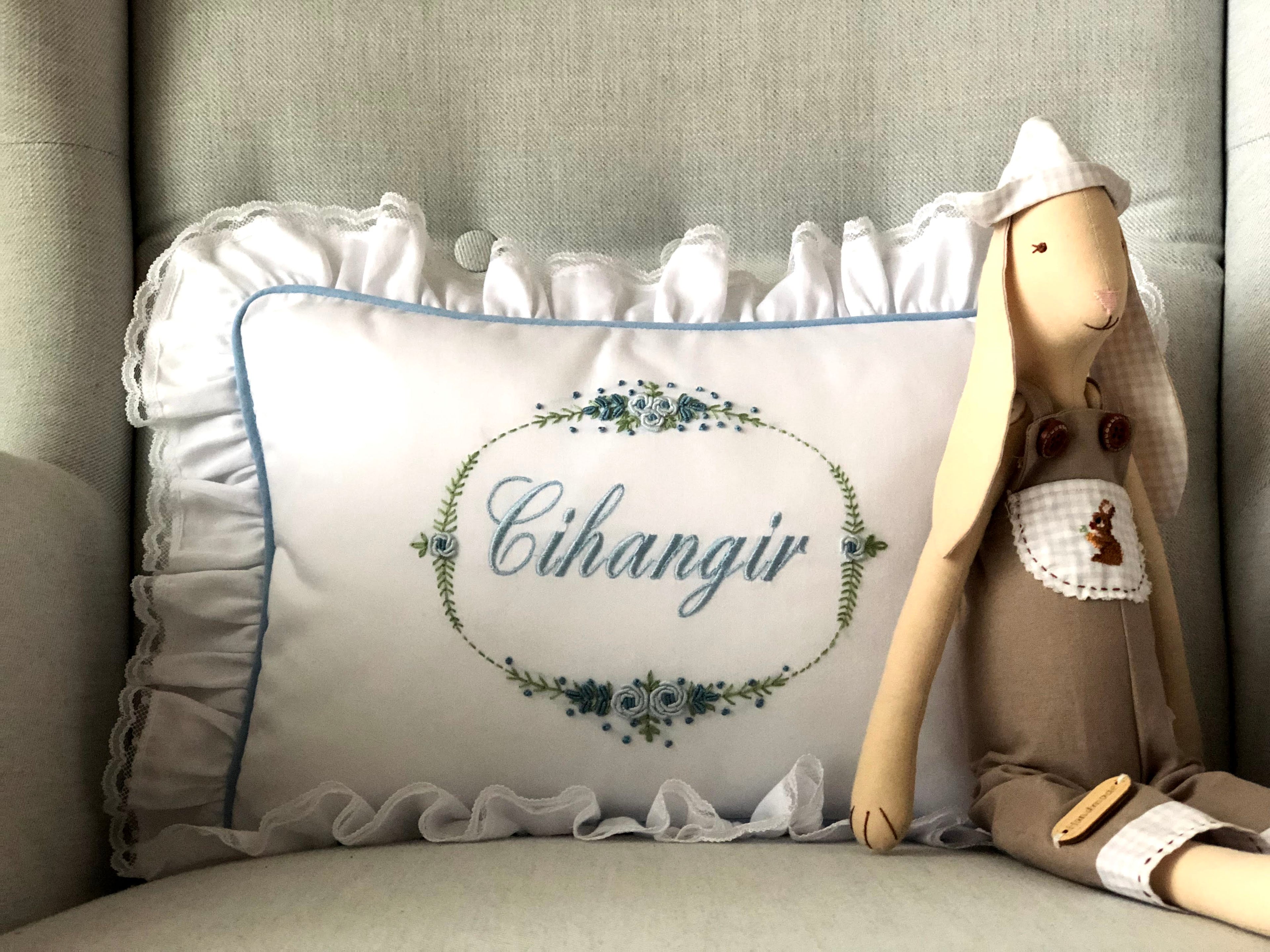 Oval Floral Decorative Baby Pillow - Blue