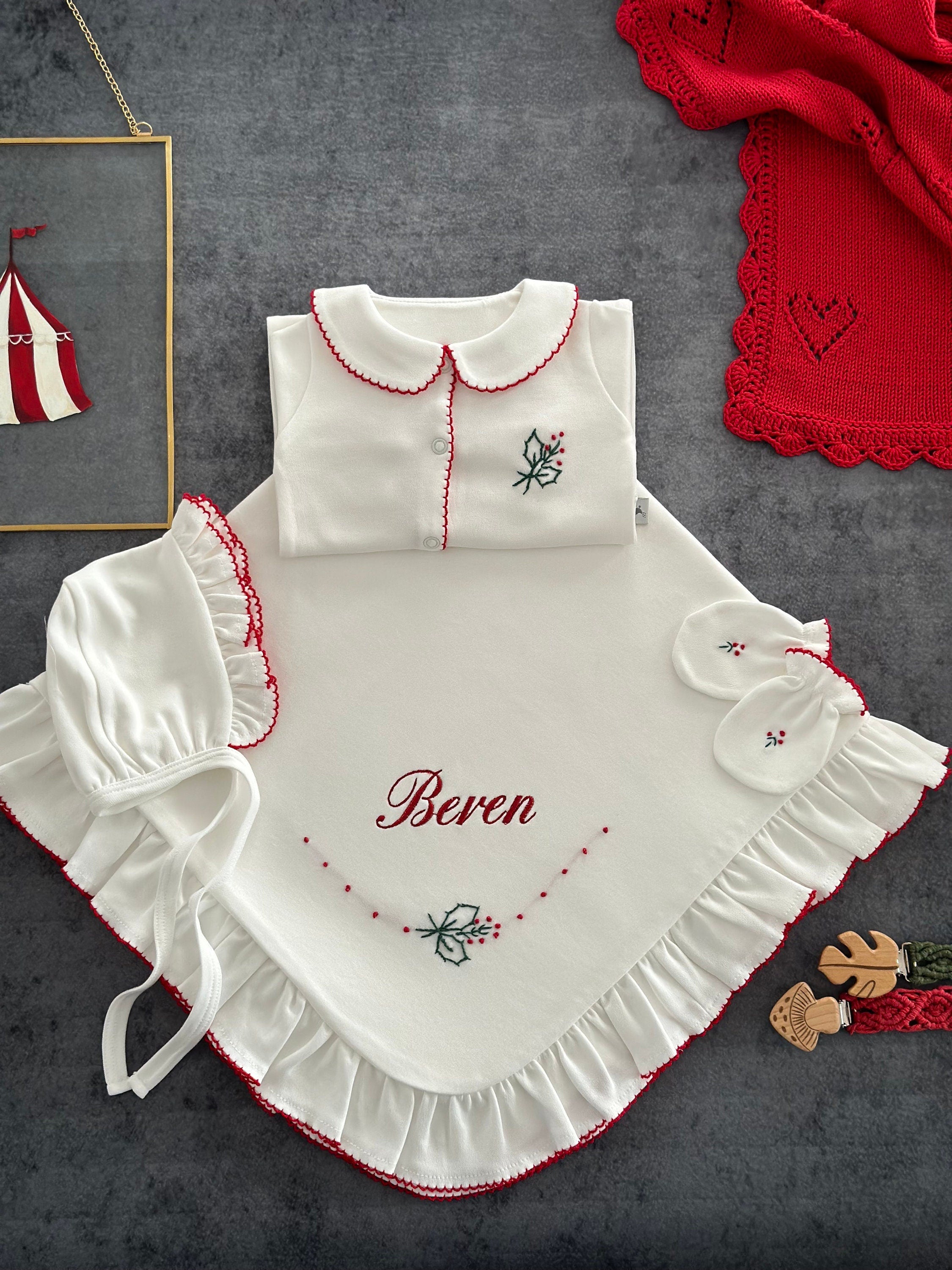 Kokina Organik Yenidoğan Seti – Kırmızı Kroşeta Kenar Detaylı