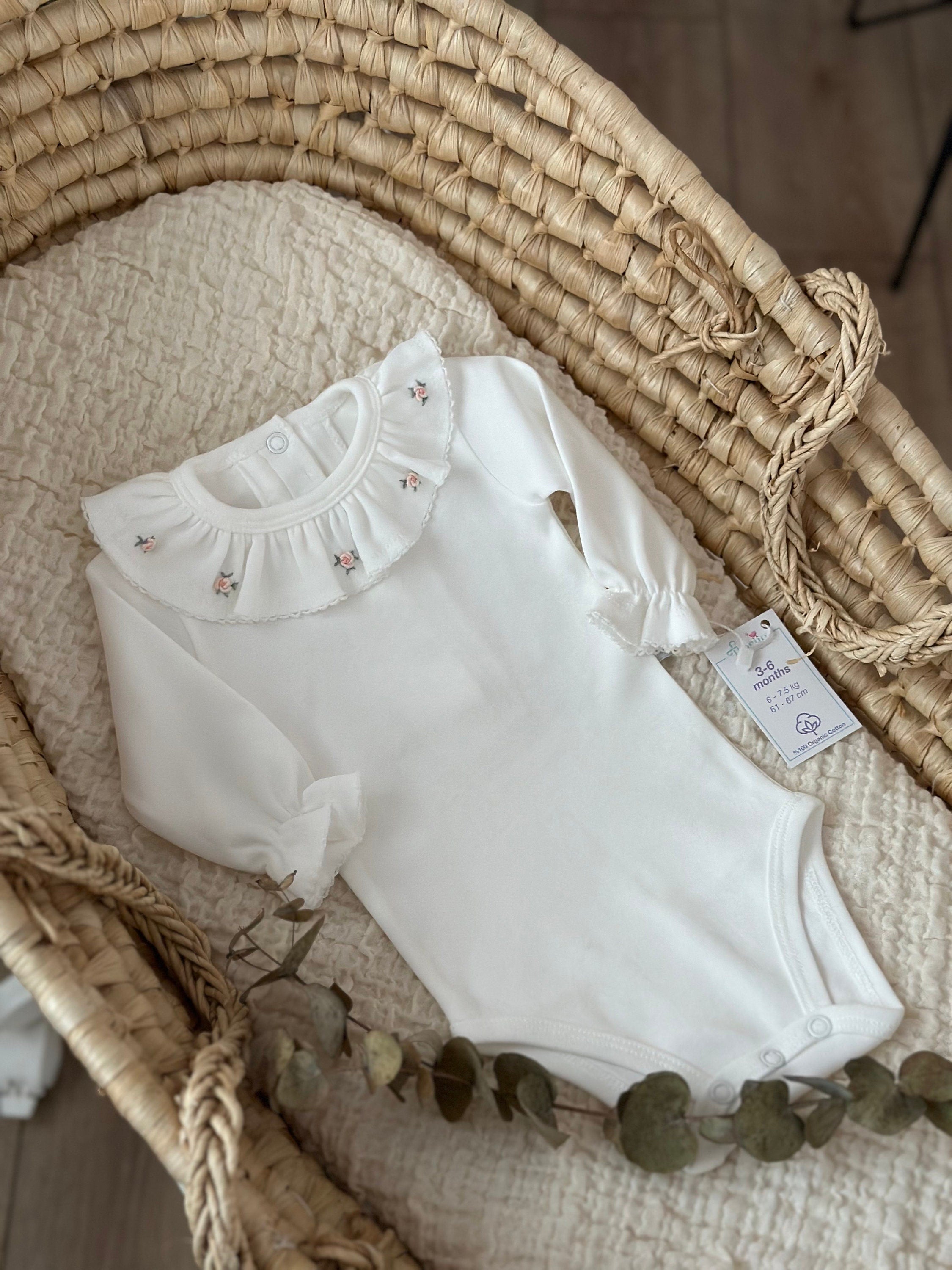 Kız Bebek Rokoko İşlemeli Fırfırlı Yaka Uzun Kollu Body Somon