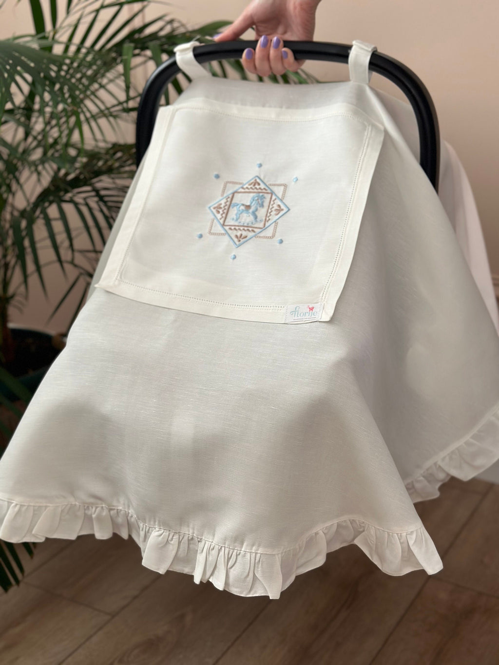 Carousel Keten Puset Örtüsü Mavi - Bej