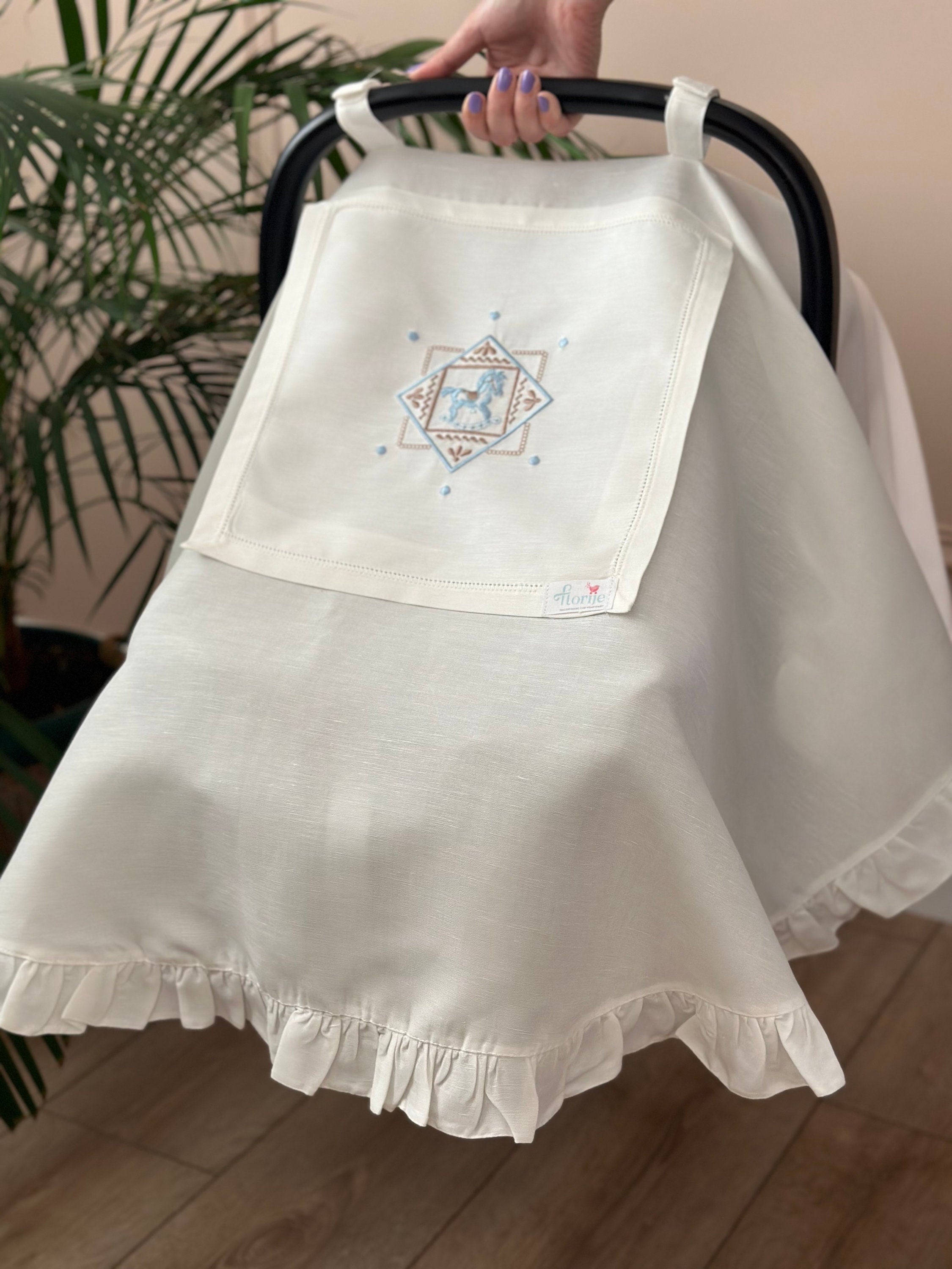 Carousel Keten Puset Örtüsü Mavi - Bej