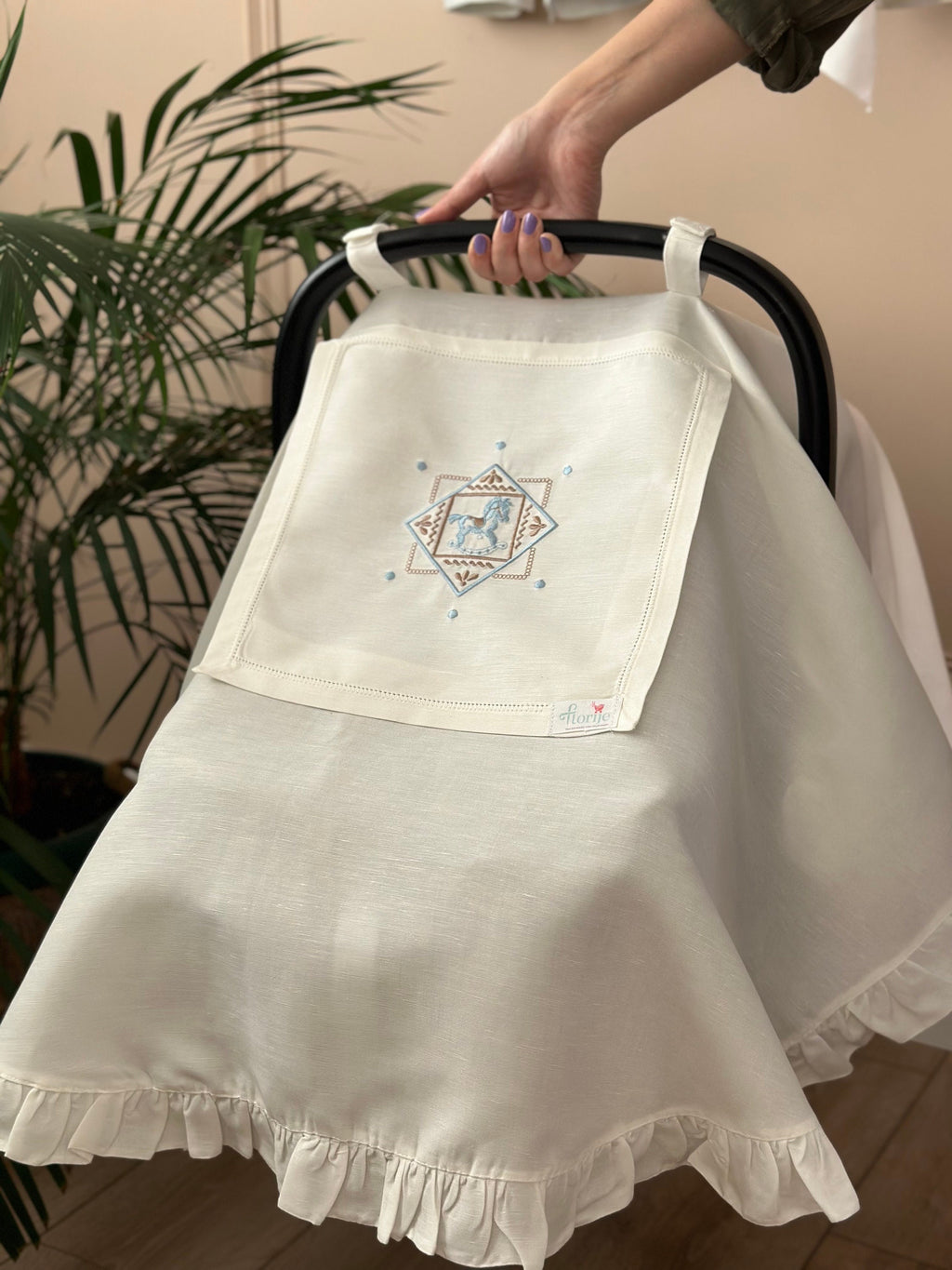 Carousel Keten Puset Örtüsü Mavi - Bej