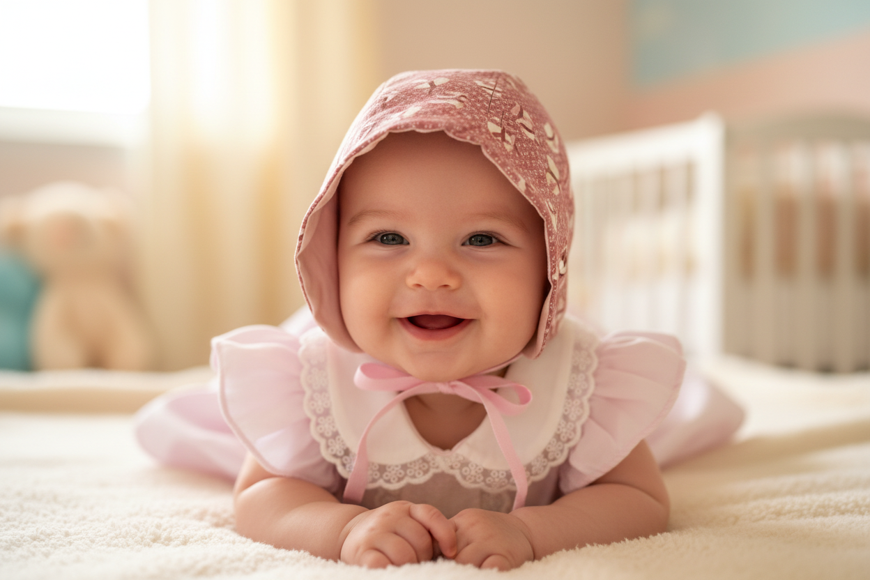 Pembe Fırfırlı Elbise ve Bonnet Şapka