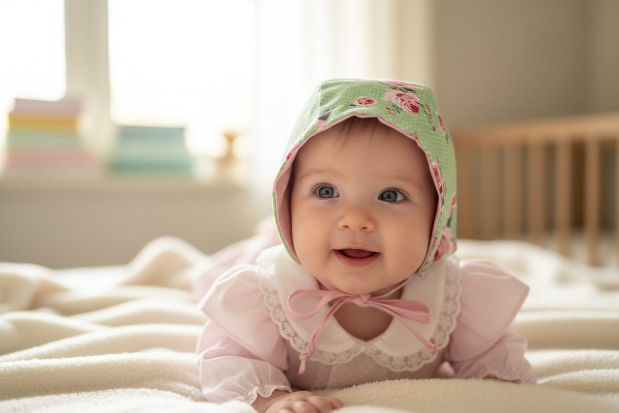 Yeşil Çiçekli Bonnet Şapka Giyen Kız Bebek